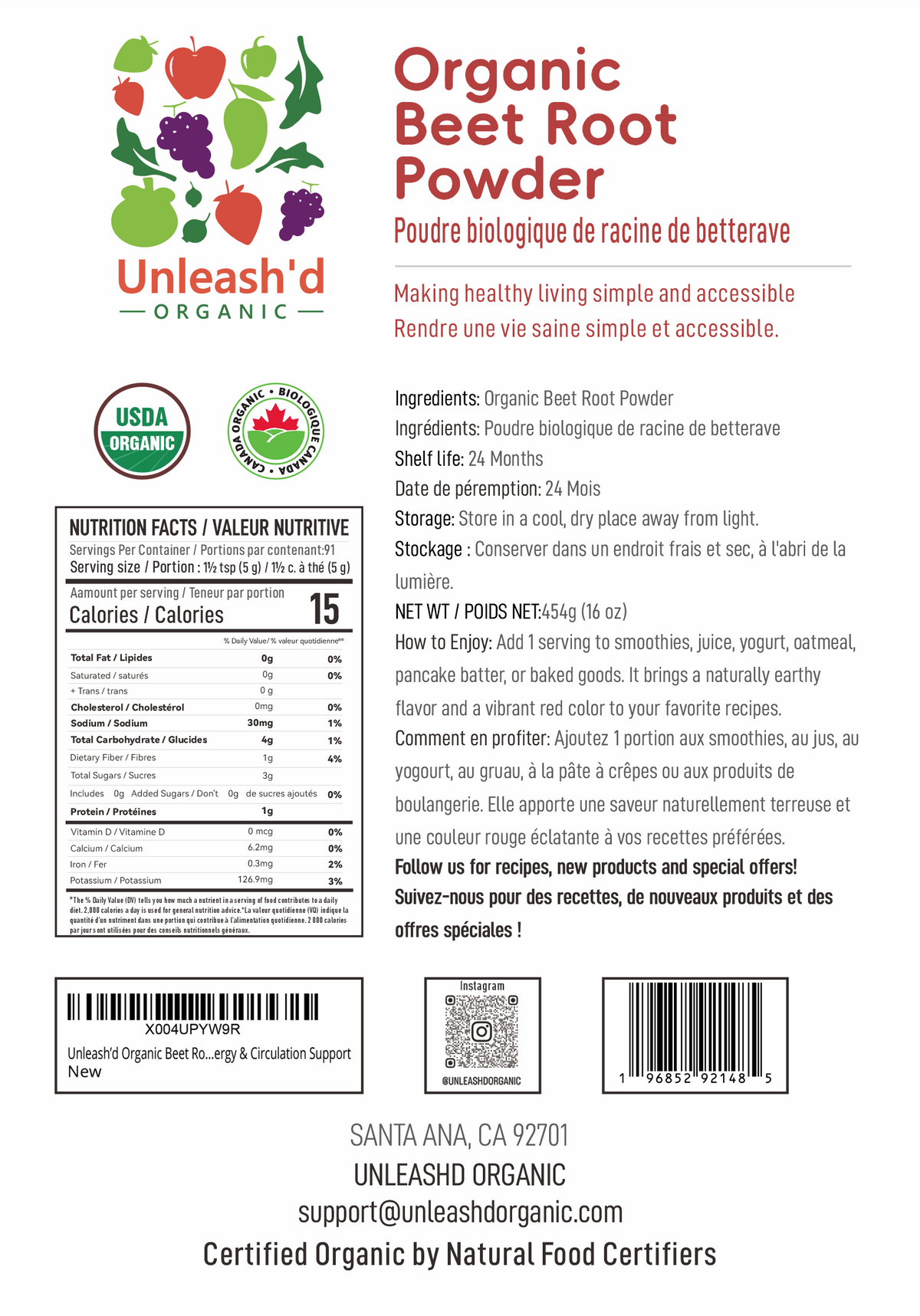 Organic Beet Root Powder 16 oz