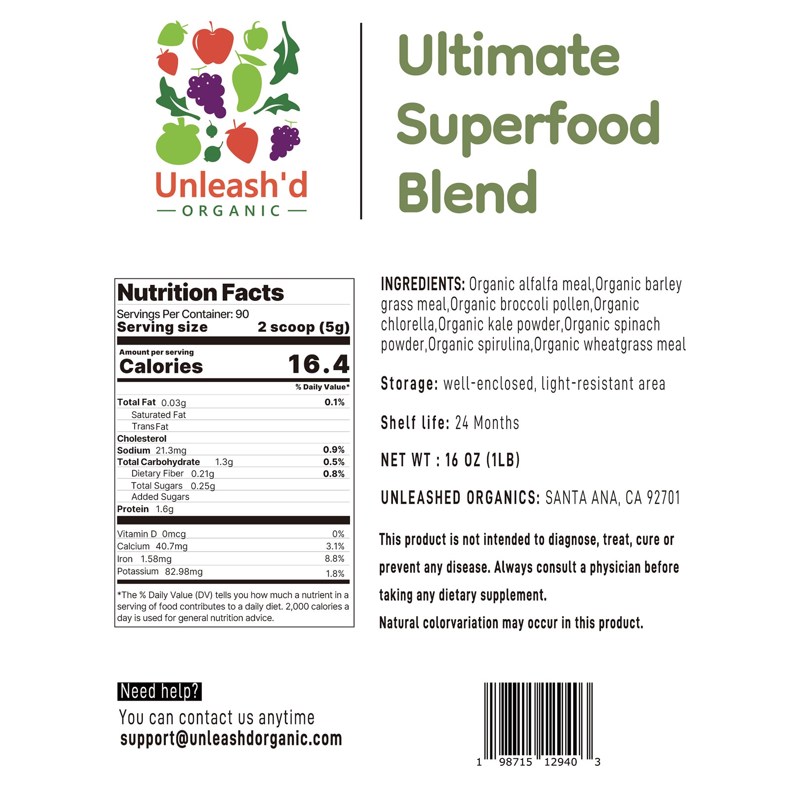 Organic Ultimate Superfood Powder 16 oz