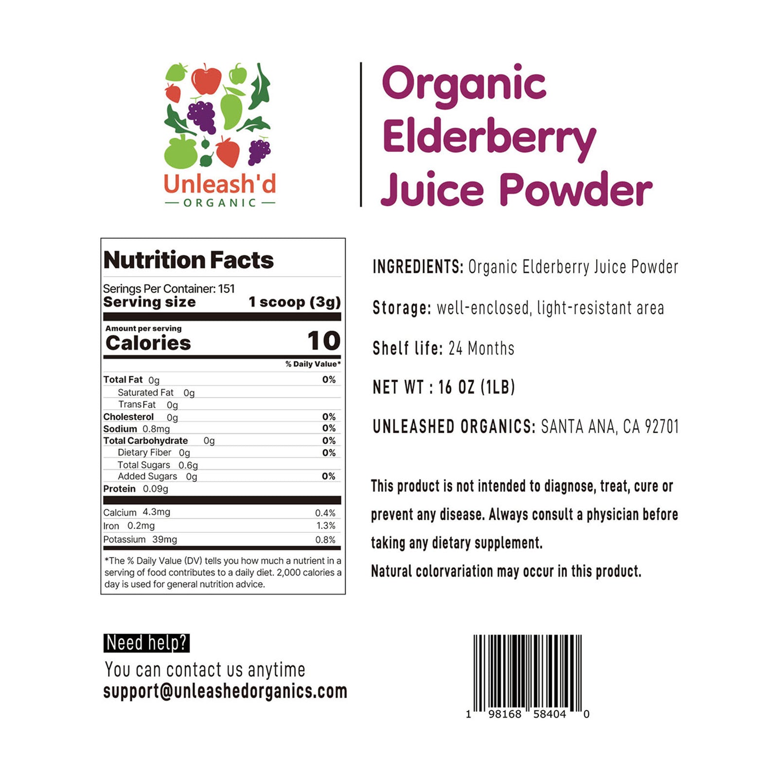 Organic Elderberry Juice Powder 16 oz