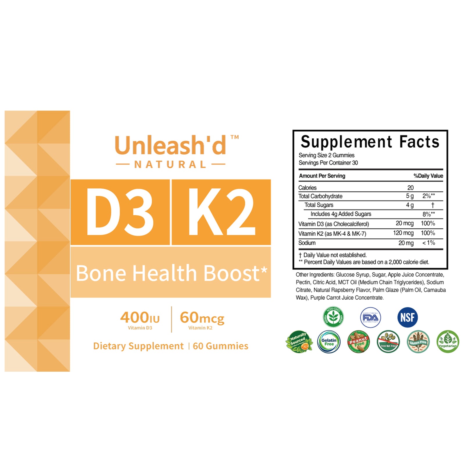 Unleash'd Vitamin D3 K2 Gummies 60 Count