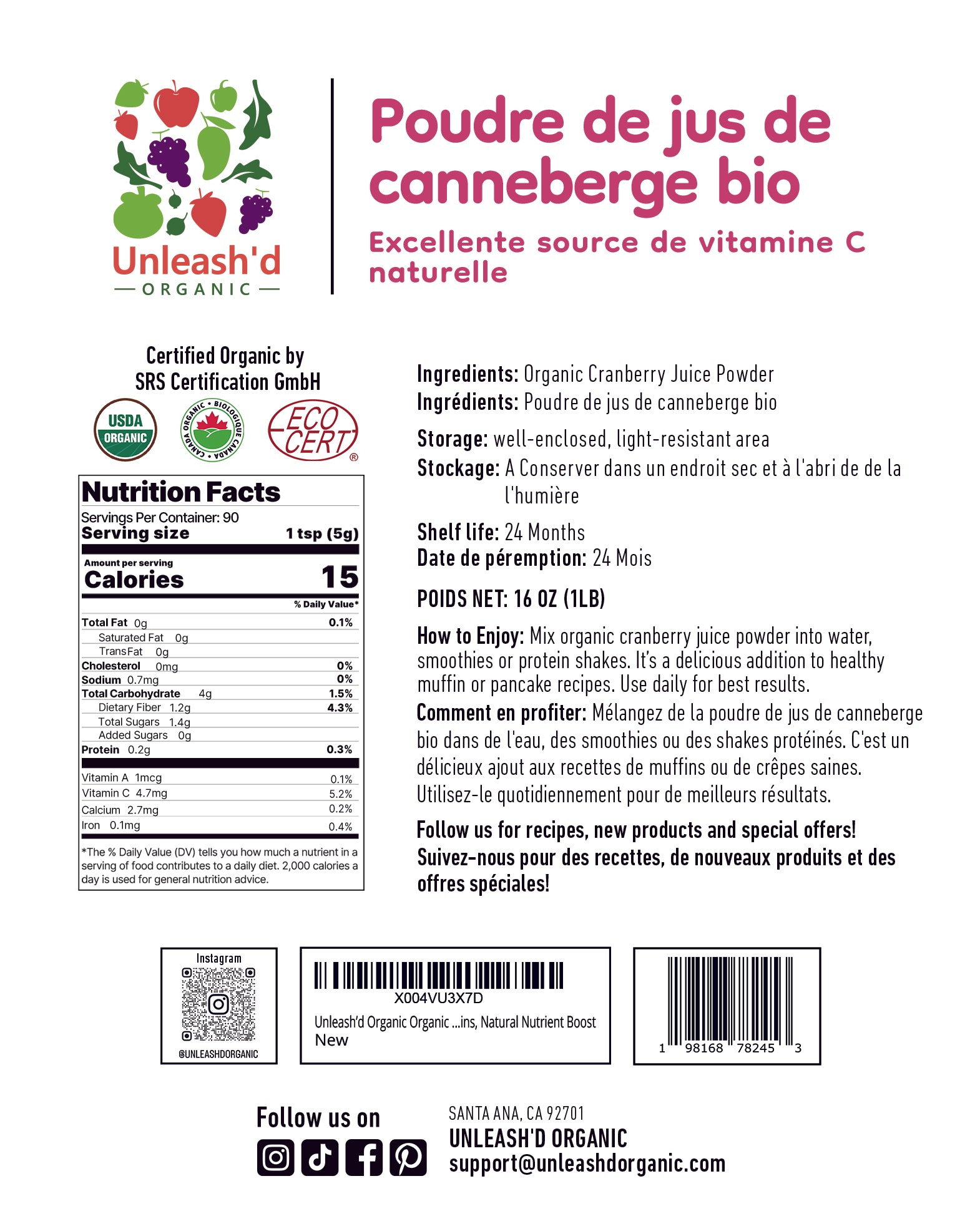 Organic Cranberry Juice Powder 16 oz