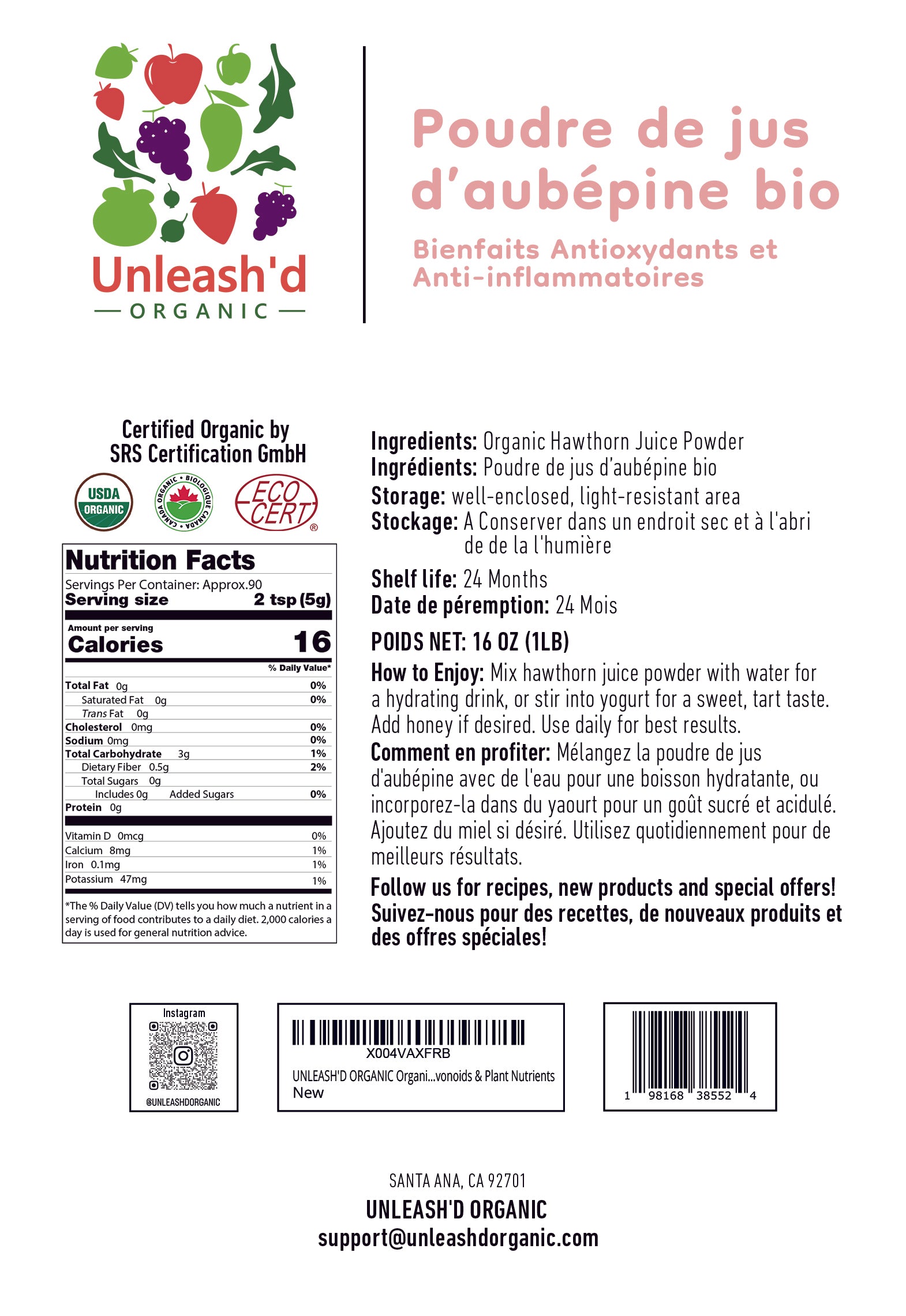 Organic Hawthorn Juice Powder 16 Ounce