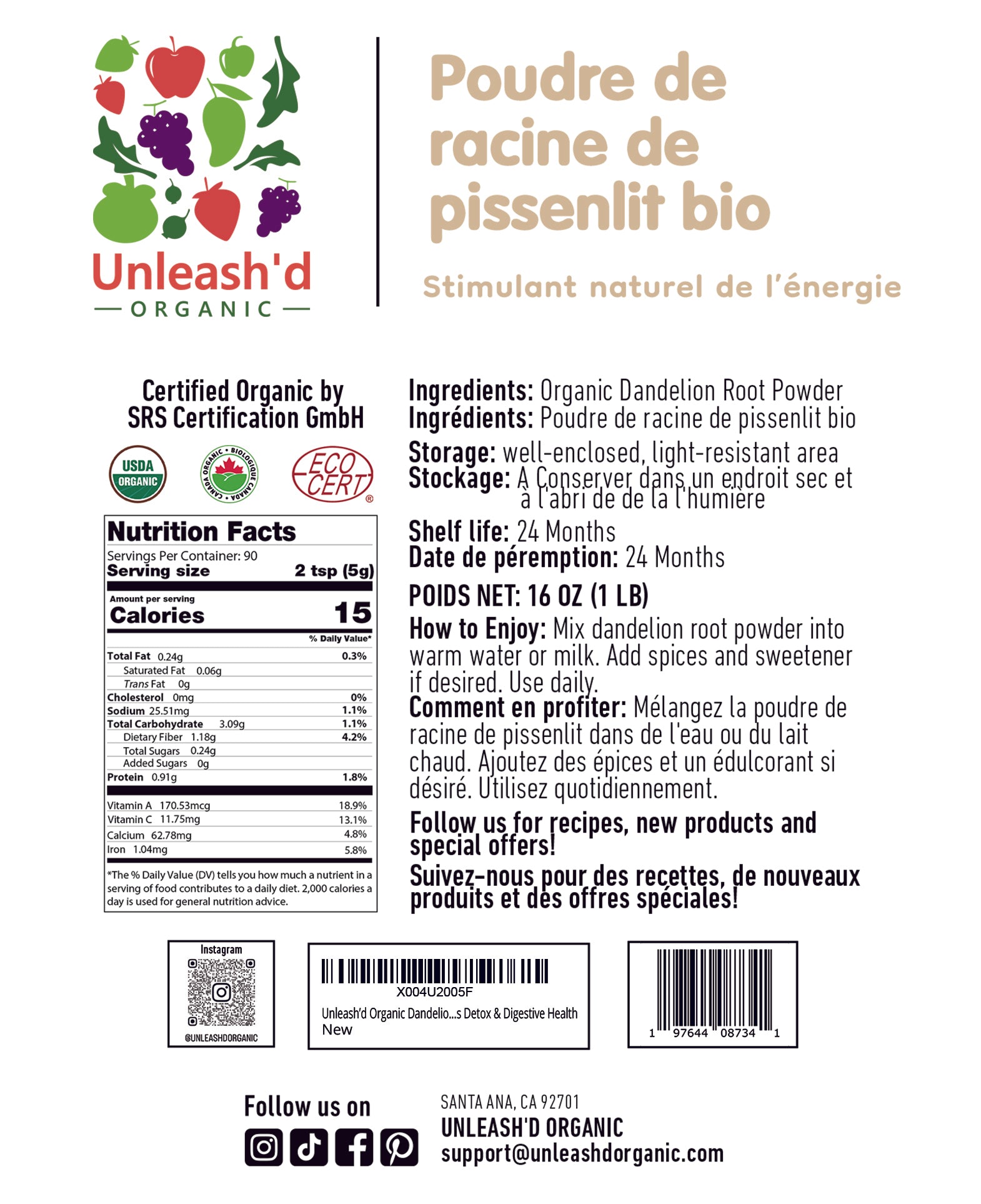 Organic Dandelion Root Powder 16 Ounce