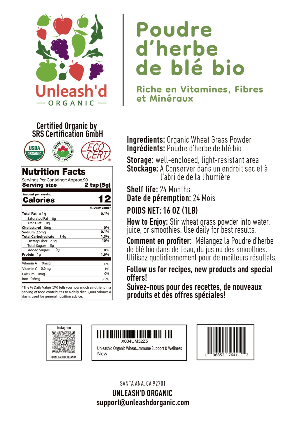 Organic Wheatgrass Powder 16 oz