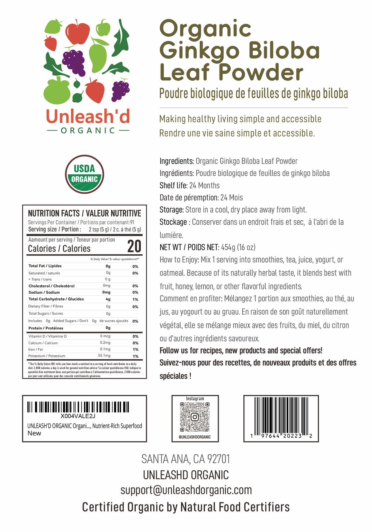 Organic Ginkgo Biloba Powder 16 oz