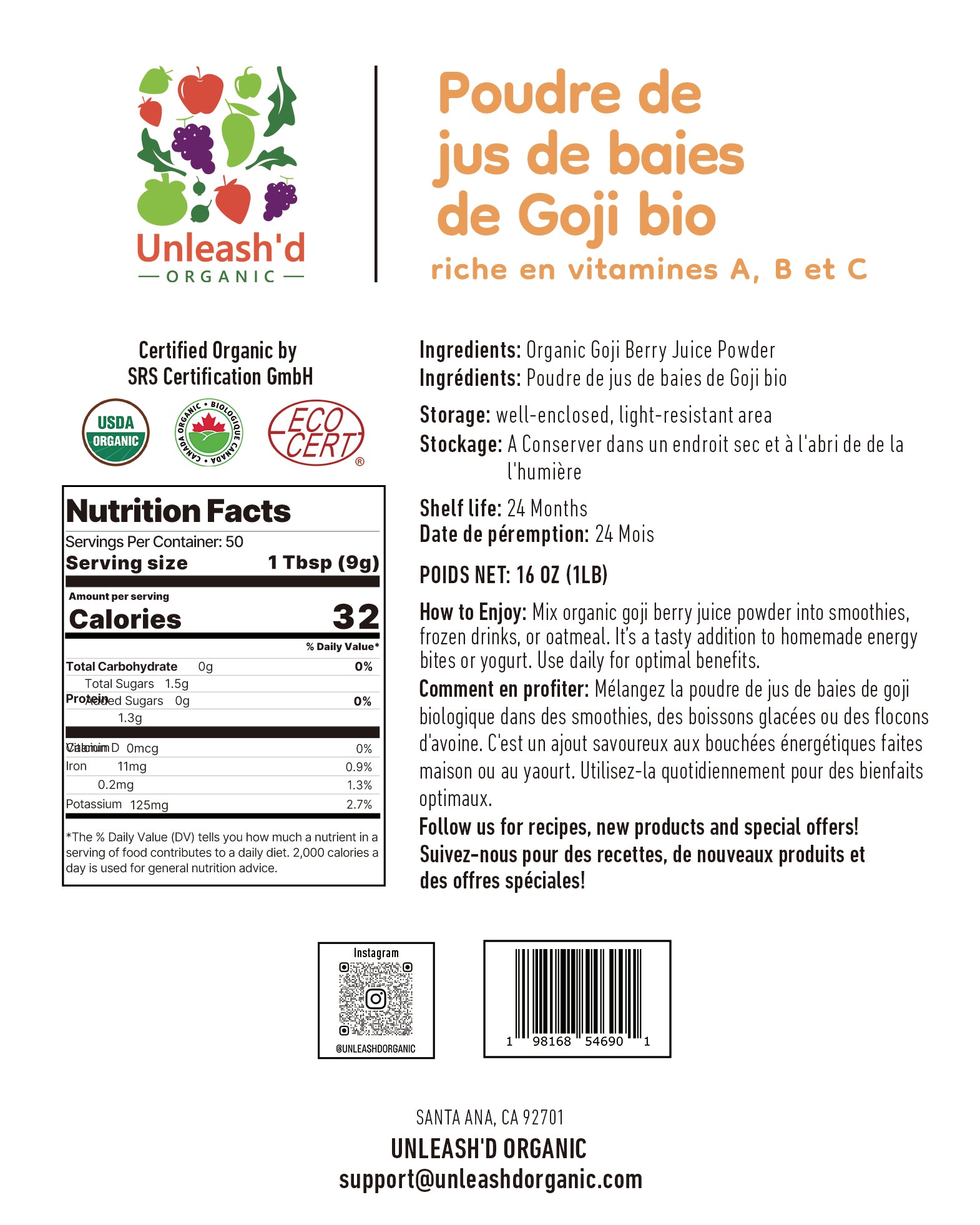 Organic Goji Berry Juice Powder 16 oz