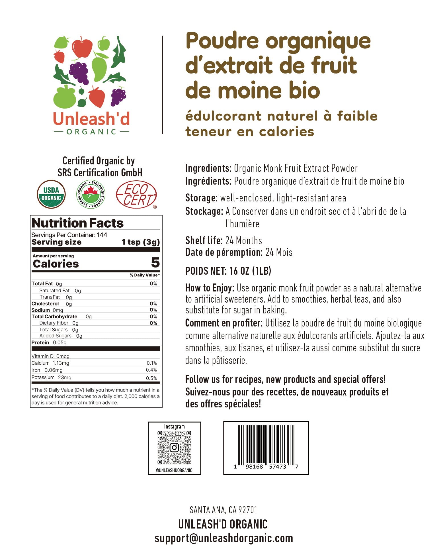 Organic Monk Fruit Extract Powder 16 oz