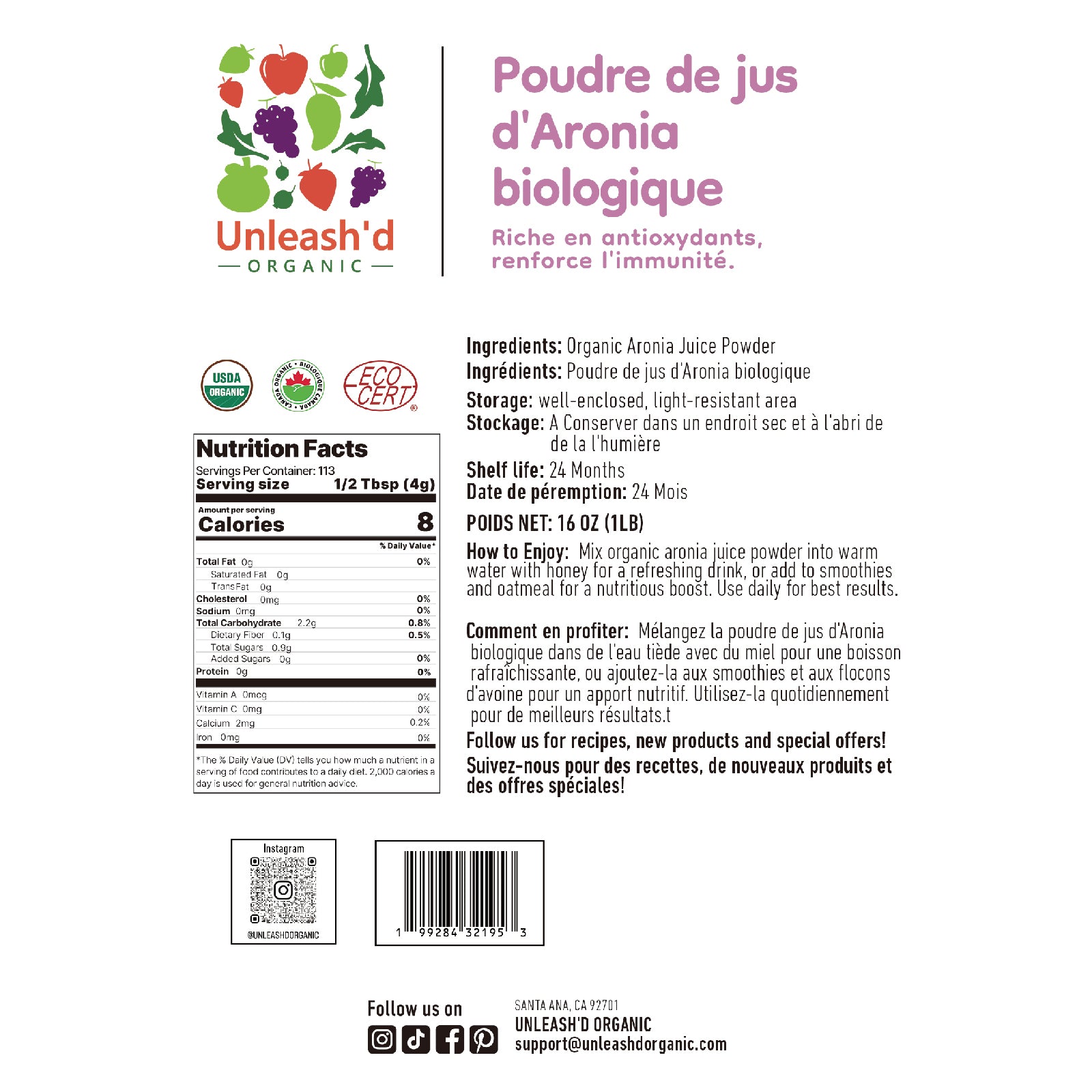 Organic Aronia Juice Powder 16oz