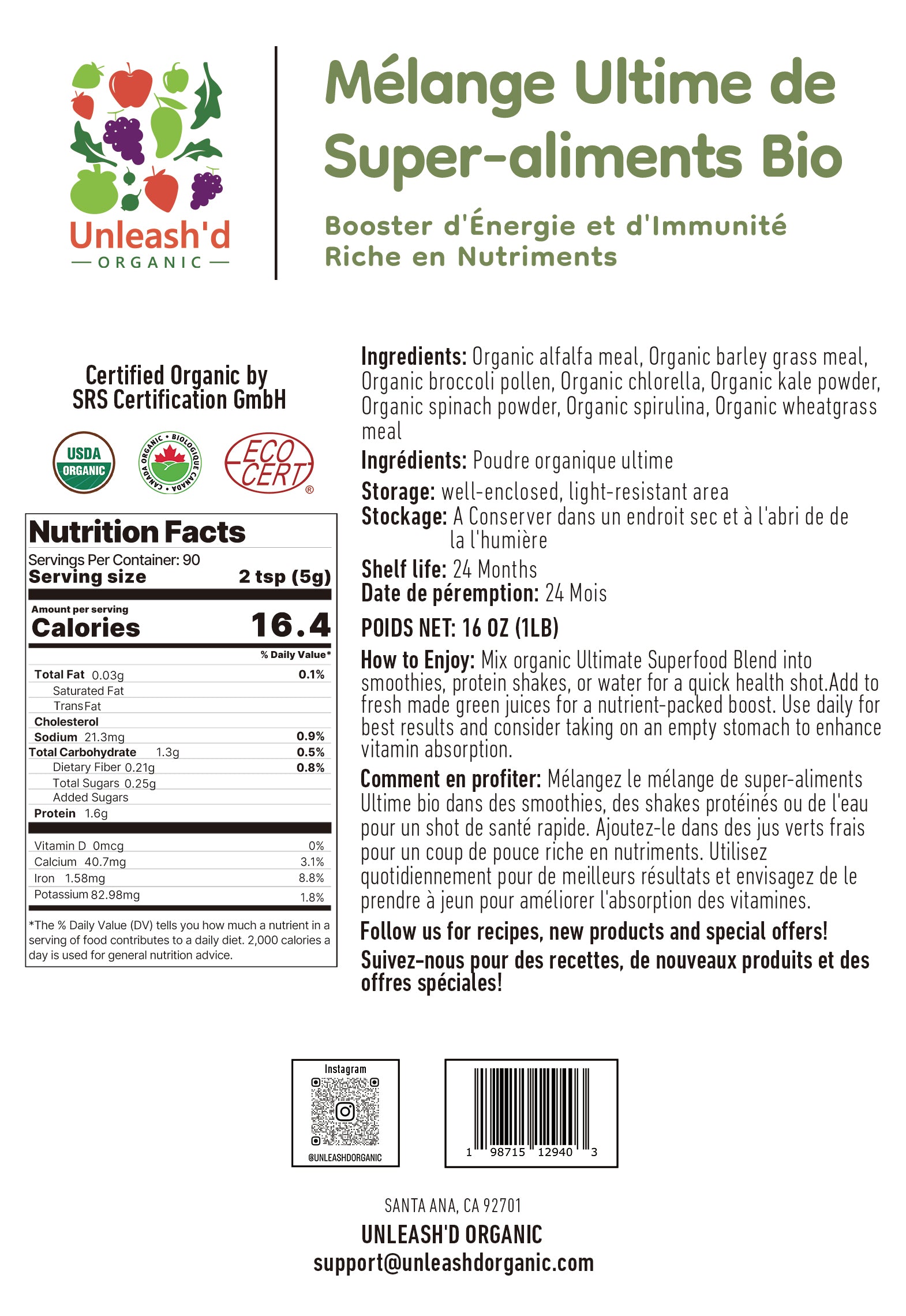 Organic Ultimate Superfood Powder 16 oz