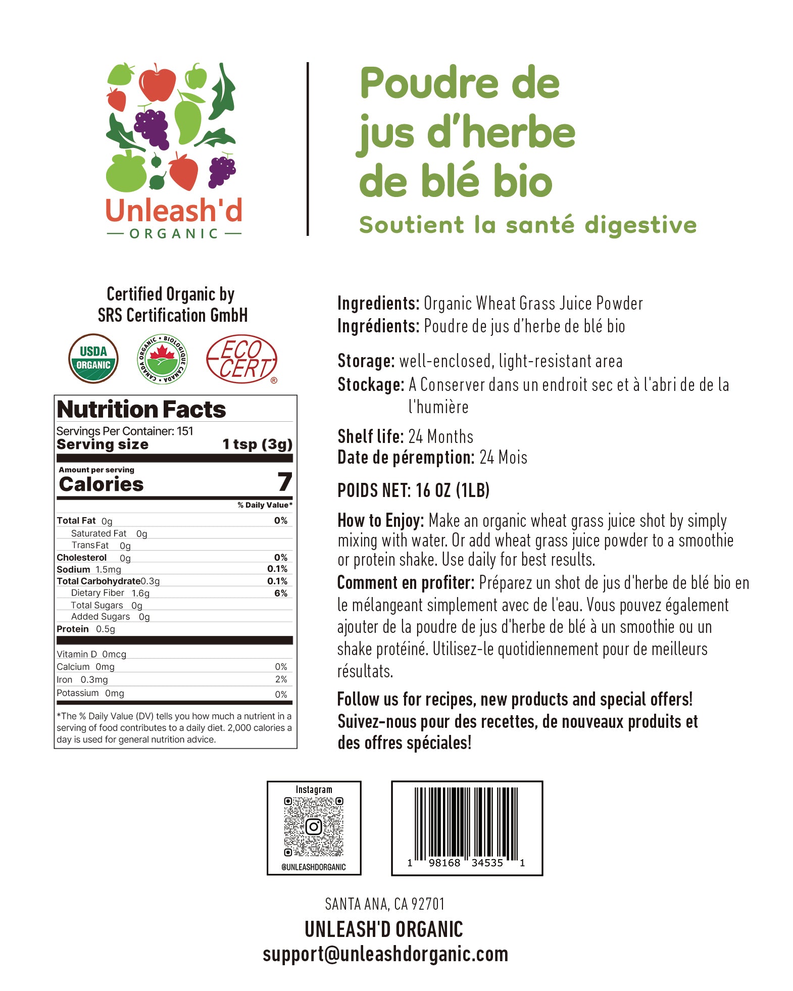 Organic Wheat Grass Juice Powder 16 oz