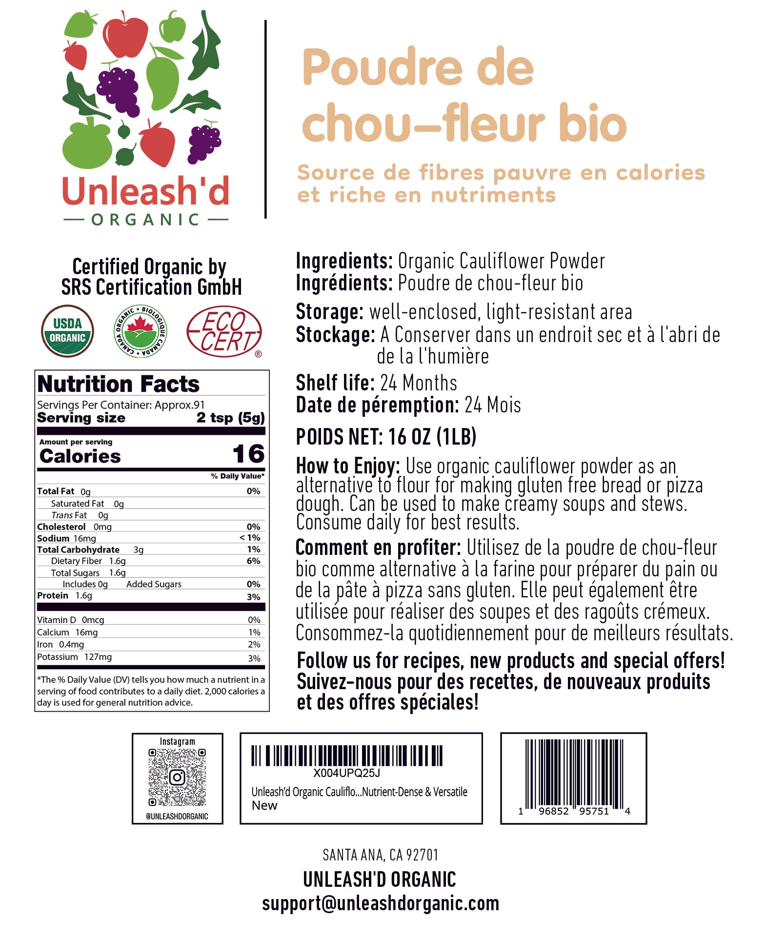 Organic Cauliflower powder 16 Ounce