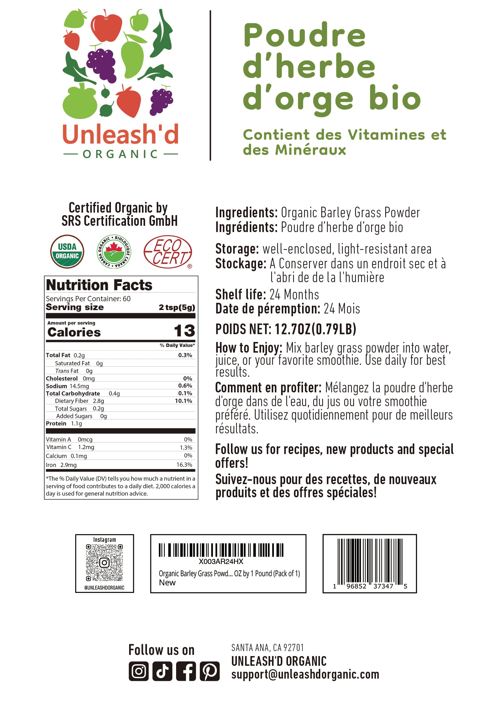 Organic Barley Grass Powder 12.7 Ounce