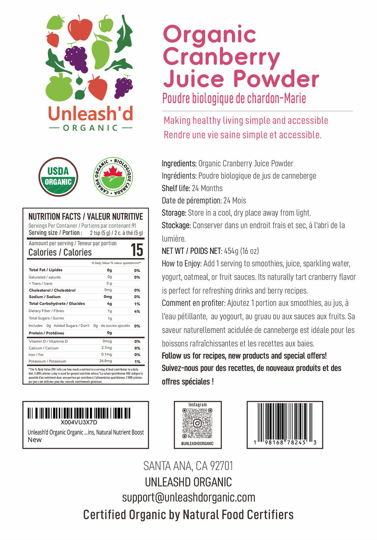 Organic Cranberry Juice Powder 16 oz