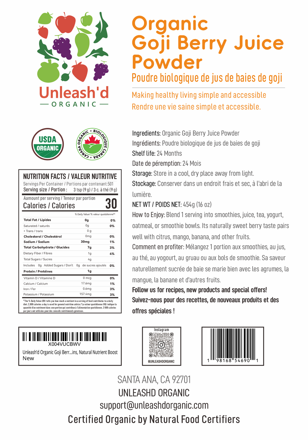 Organic Goji Berry Juice Powder 16 oz