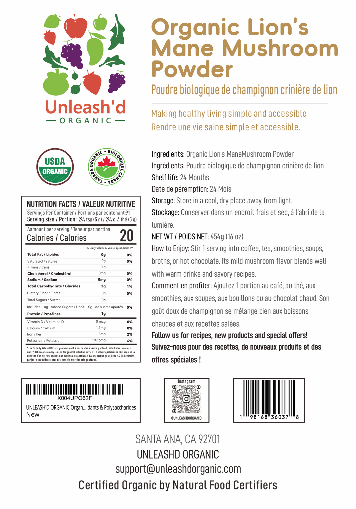 Organic Lion’s Mane Mushroom Powder 16 oz
