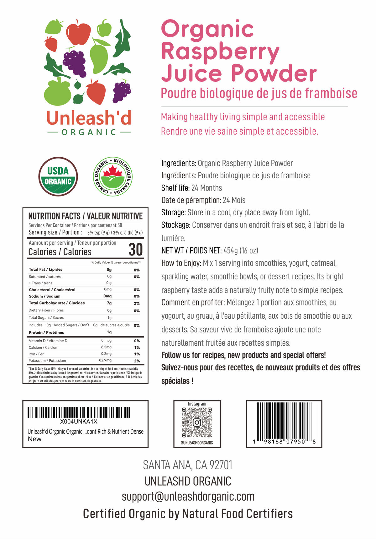 Organic Raspberry Juice Powder 16 oz