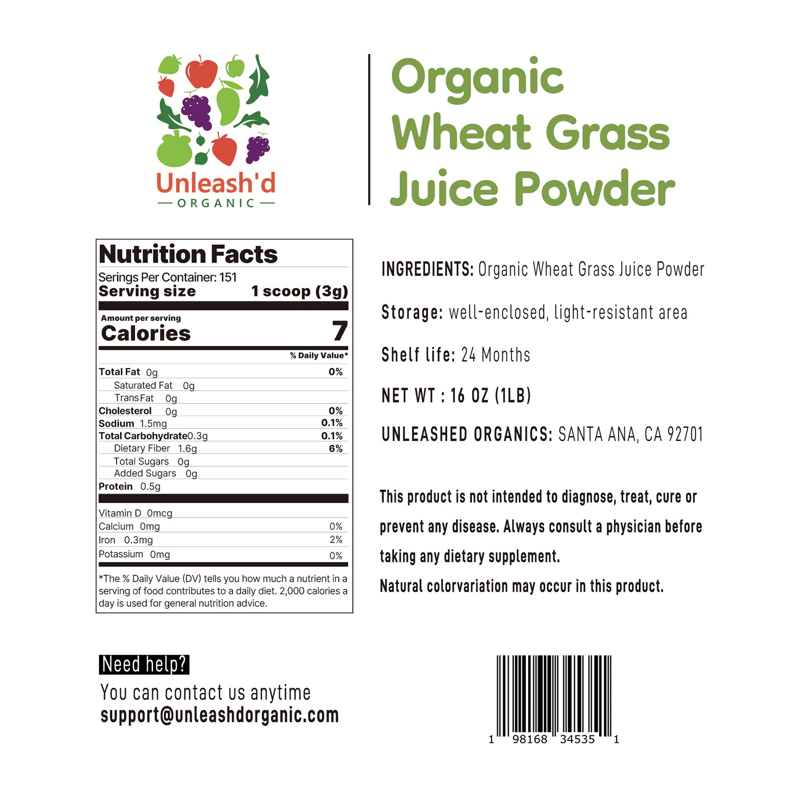Organic Wheat Grass Juice Powder 16 oz