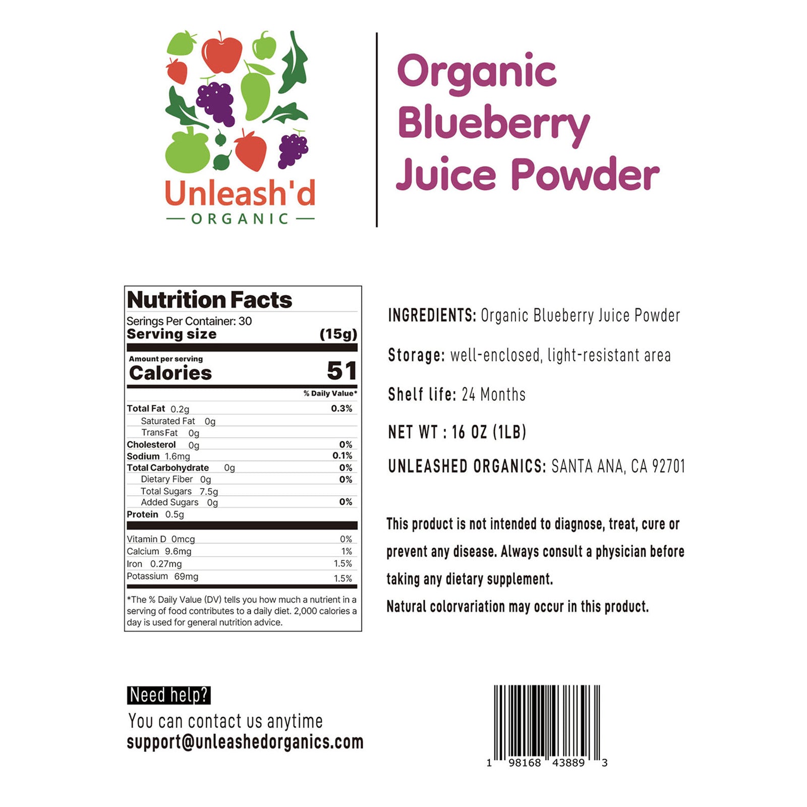 Organic Blueberry Juice Powder 16 oz