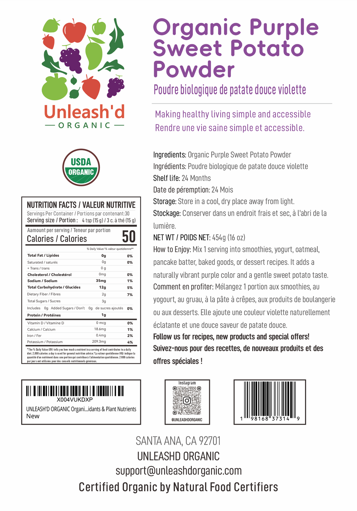 Organic Purple Sweet Potato Powder 16 oz