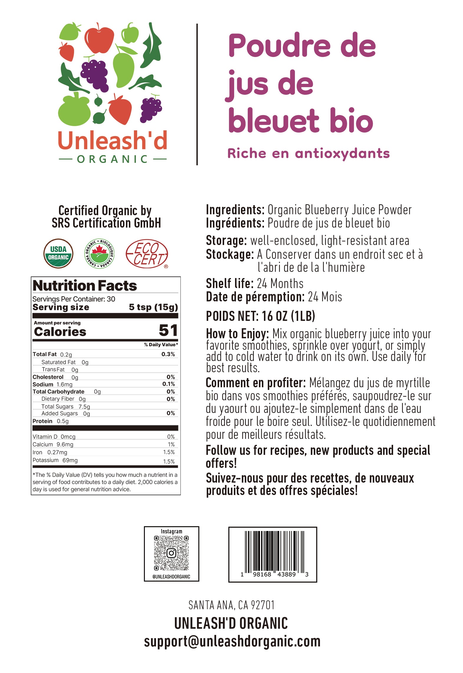 Organic Blueberry Juice Powder 16 oz