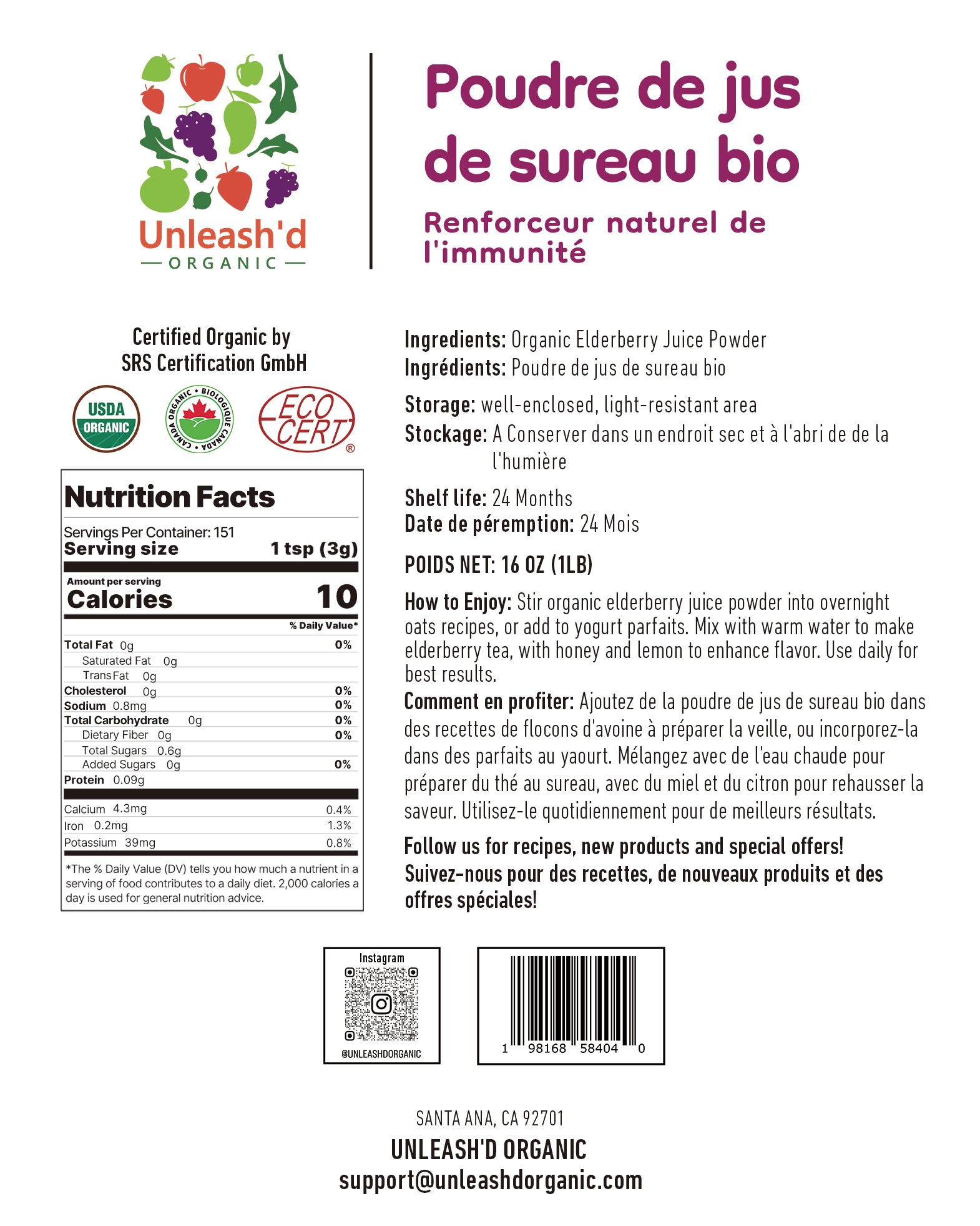 Organic Elderberry Juice Powder 16 oz