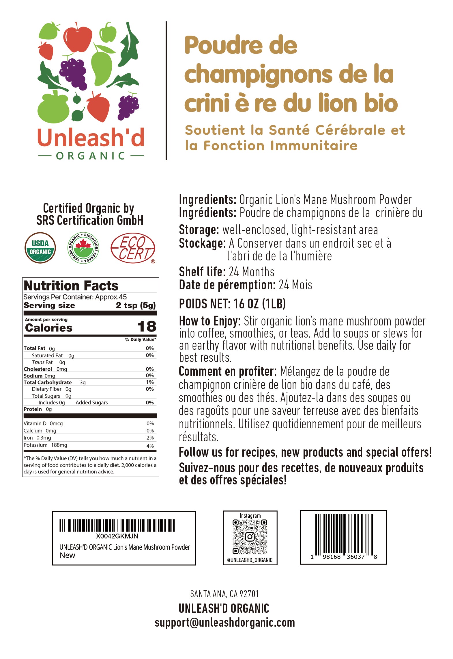 Organic Lion's Mane Mushroom Powder 16 oz