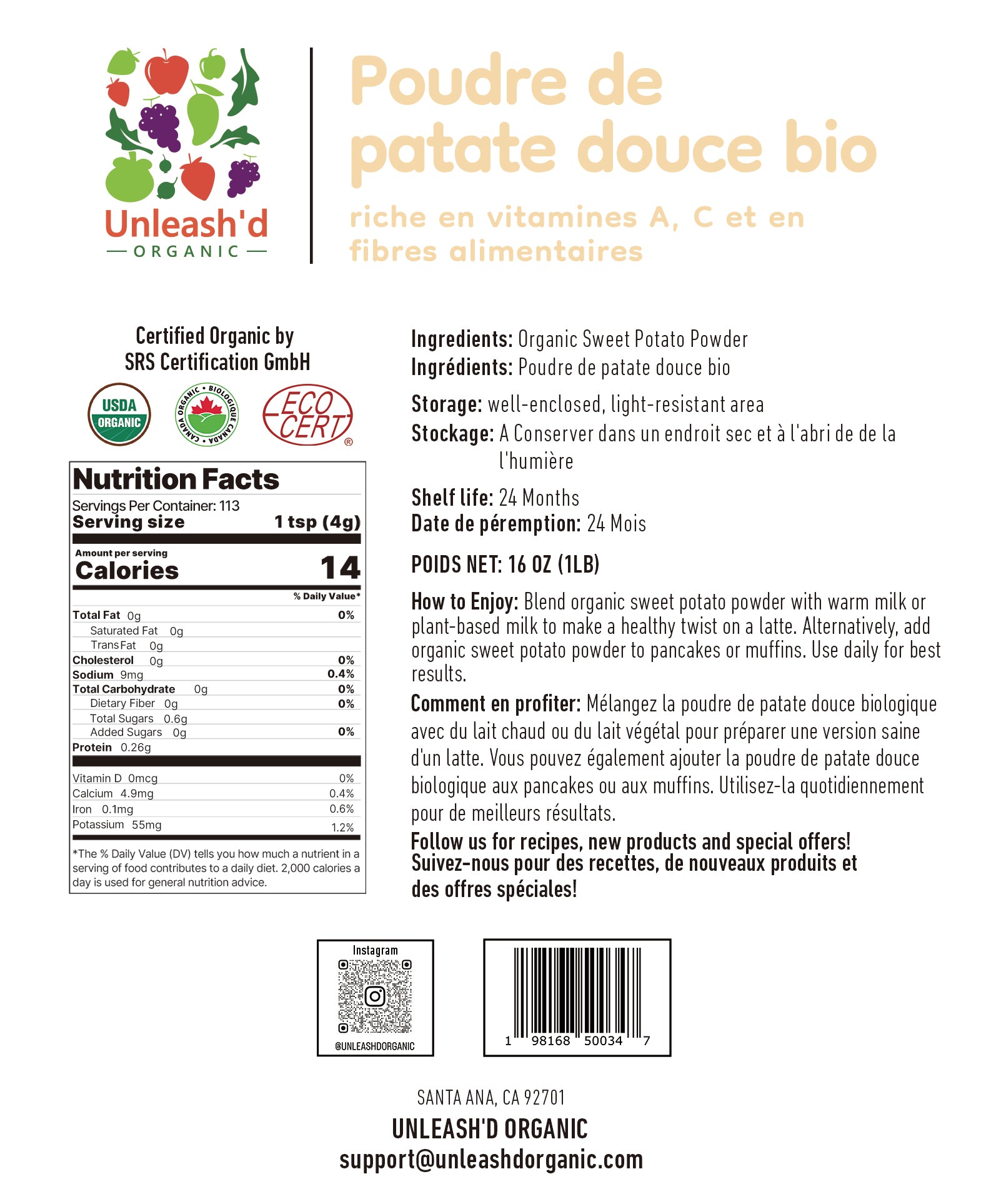 Organic Sweet Potato Powder 16 oz